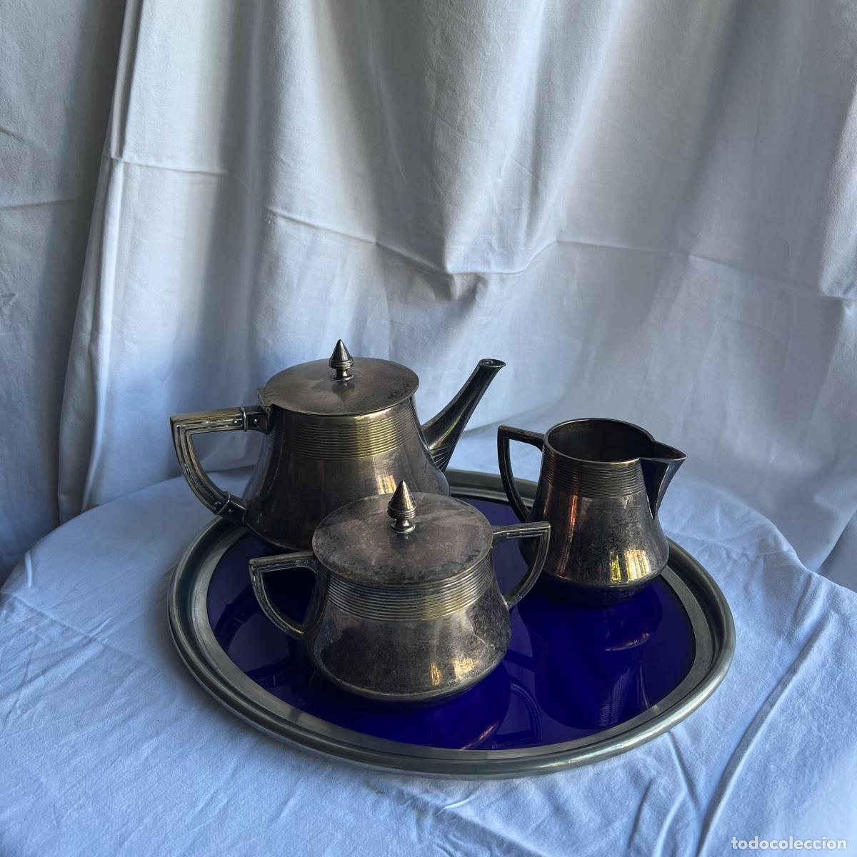 Antig&uuml;edades: Antiguo Juego de Caf&eacute; Art D&eacute;co WMF y Gran Bandeja de Espejo Azul Cobalto - Punzones OX I/O