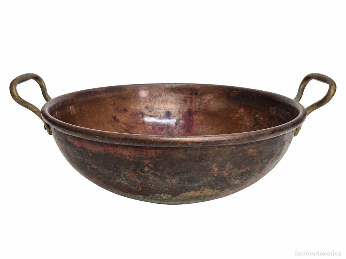 Antig&uuml;edades: Antiguo Perol de Cobre - Caldero con Asas de Bronce - S.XIX