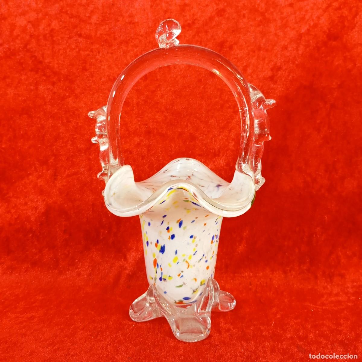 Antig&uuml;edades: JARR&Oacute;N DE CESTA DE VIDRIO - VINTAGE - VIDRIO ART&Iacute;STICO SOPLADO - ESTILO ITALIANO - 20 CM DE ALTO