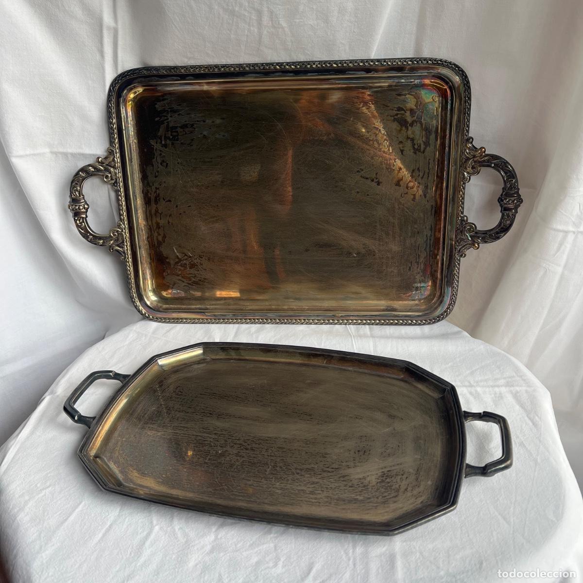 Antig&uuml;edades: Pareja de Grandes Bandejas de Servicio - Alpaca Pesada y Plata - Sello Alpadur Mid-Century