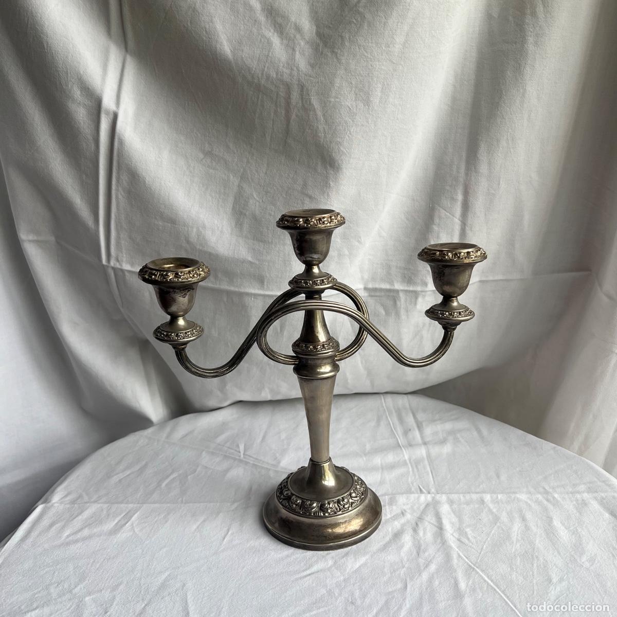 Antig&uuml;edades: Antiguo Candelabro de 3 Brazos - Metal Plateado Orfebre - Sello Silver Plated of England