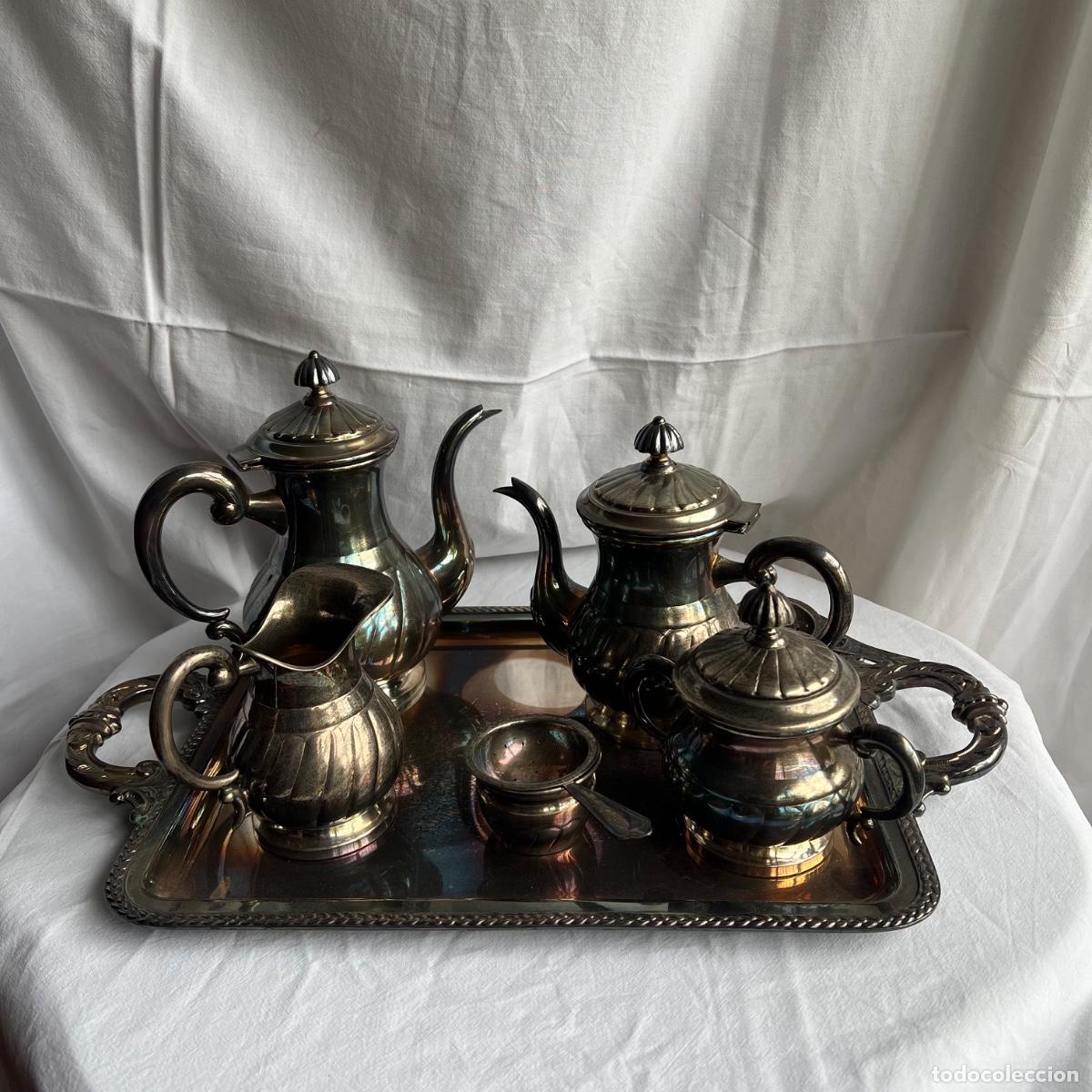 Antig&uuml;edades: Juego de Caf&eacute; y T&eacute; Vintage con Bandeja - Alpaca y Plata - Juego Completo 7 Piezas Mid-Century