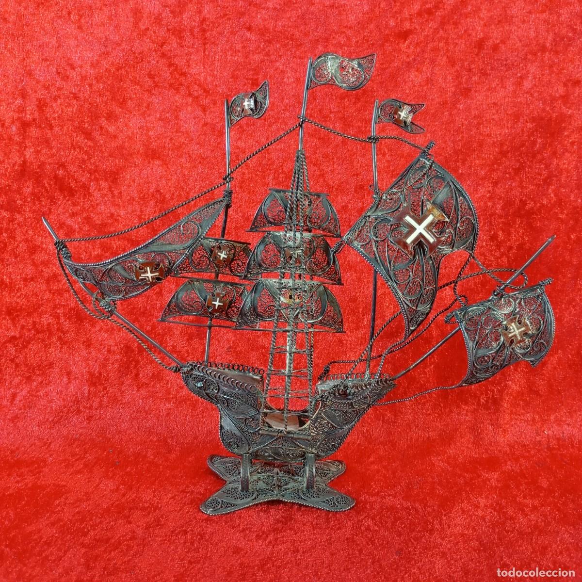 Antig&uuml;edades: ANTIGUA ESCULTURA DE NAVIO PORTUGUES - PLATA FILIGRANADA - 18 CM DE ALTO