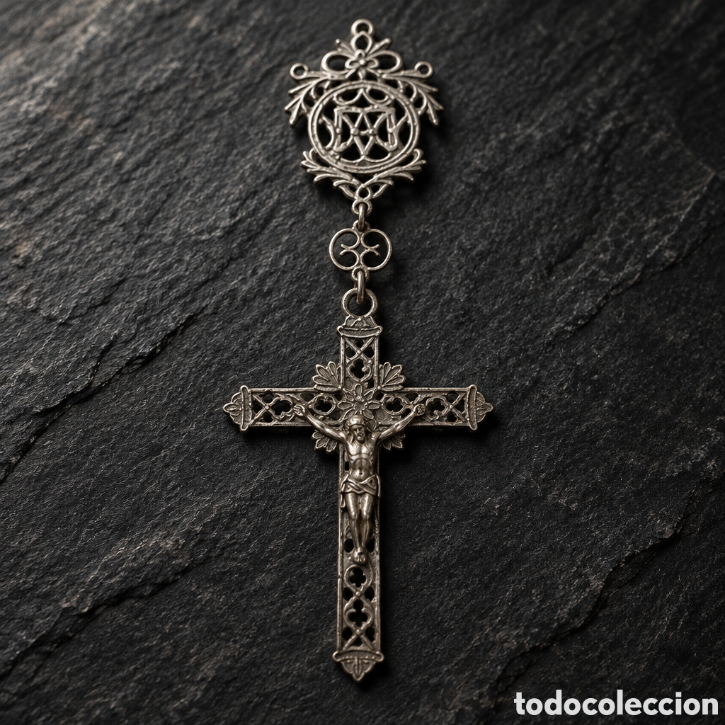 Antig&uuml;edades: ANTIGUA CRUZ PECTORAL O DE ROSARIO REALIZADA EN PLATA SIGLO XVIII