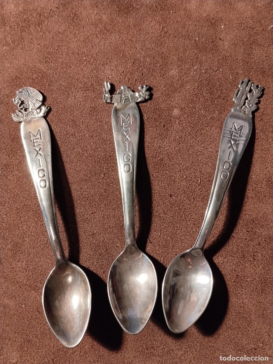 Antig&uuml;edades: Juego 3 cucharillas plata Sterling 925 M&eacute;xico MEX-CO - &Aacute;guila Pir&aacute;mide Cactus