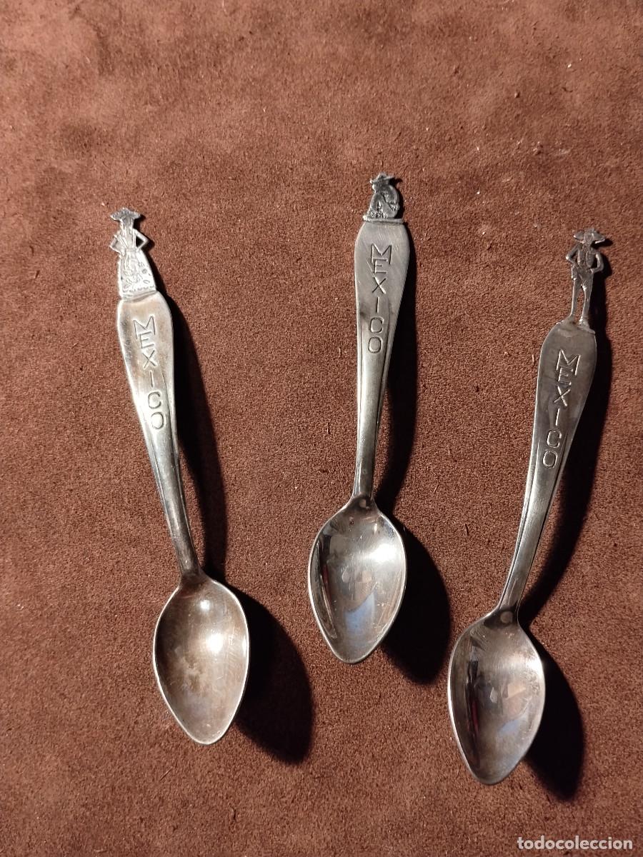 Antig&uuml;edades: Juego 3 cucharillas antiguas plata Sterling 925 M&eacute;xico MEX-CO figuras tradicionales mexicanas