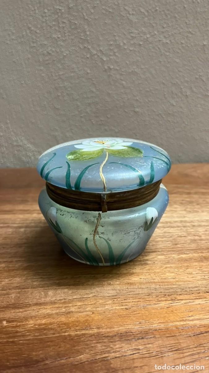 Antig&uuml;edades: Polvera de Tocador Francesa Art Nouveau, &rdquo;Lirio de Agua&rdquo;, Vidrio Satinado Esmaltado en Relieve