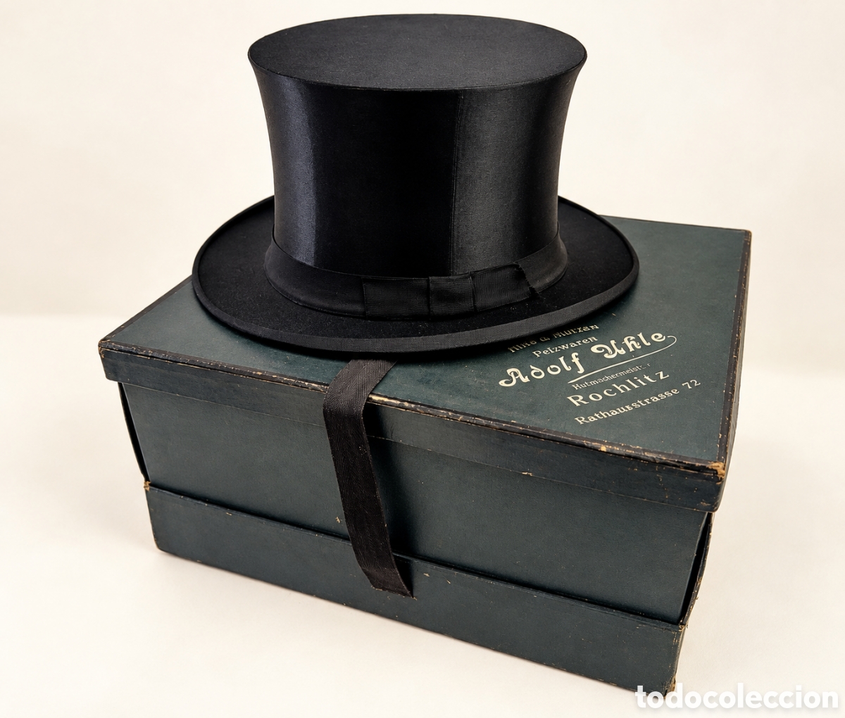 Antig&uuml;edades: Antigua chistera plegable seda negra caja original Adolf Uhle Rochlitz Talla XL 59