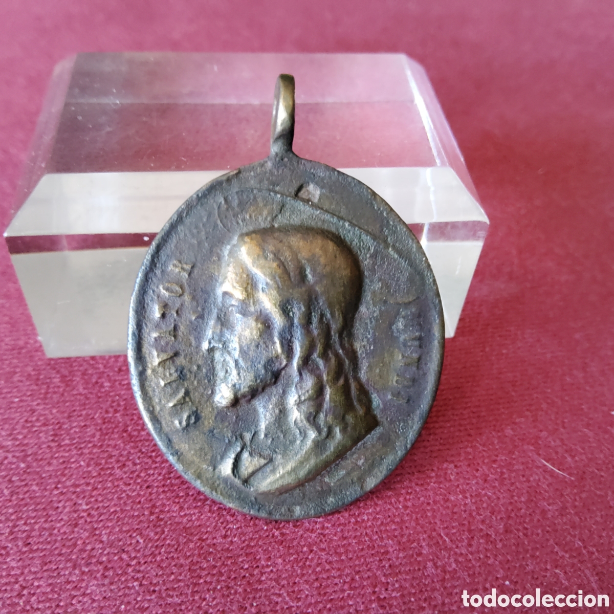 Antig&uuml;edades: ANTIGUA MEDALLA DE BRONCE OVALADA, SALVATOR MUNDI Y MATER DIVINAE GRATIAE SIGLO XIX