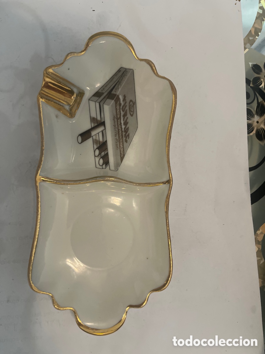 Antig&uuml;edades: : Antiguo Cenicero Publicitario de Porcelana Dividida y Filo de Oro