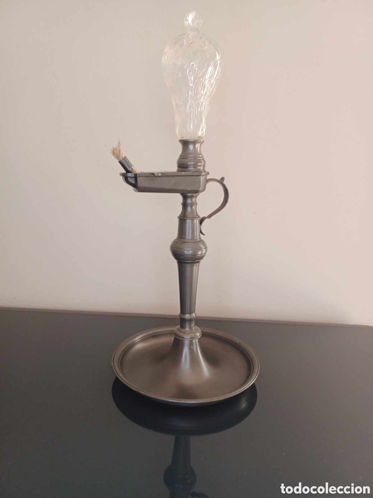 Antig&uuml;edades: Rara L&aacute;mpara Lucerna &ndash; Peltre y Cristal Soplado. Taller AR-BRE (Brescia)