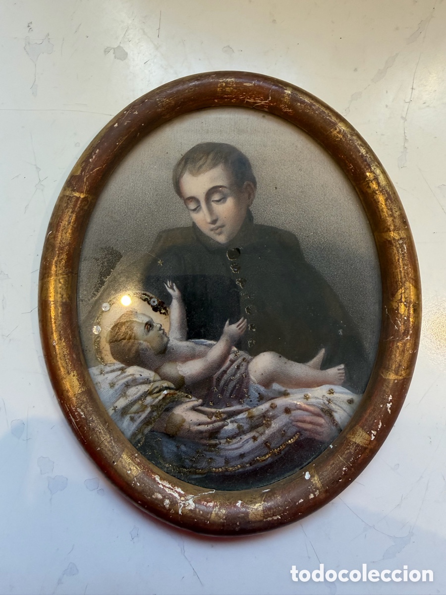 Antig&uuml;edades: Estampa San Luis Gonzaga Ni&ntilde;o Jes&uacute;s marco ovalado