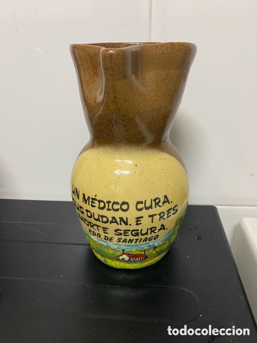Antig&uuml;edades: Antigua jarra de cer&aacute;mica popular con refr&aacute;n tem&aacute;tico de medicina - 18 cm