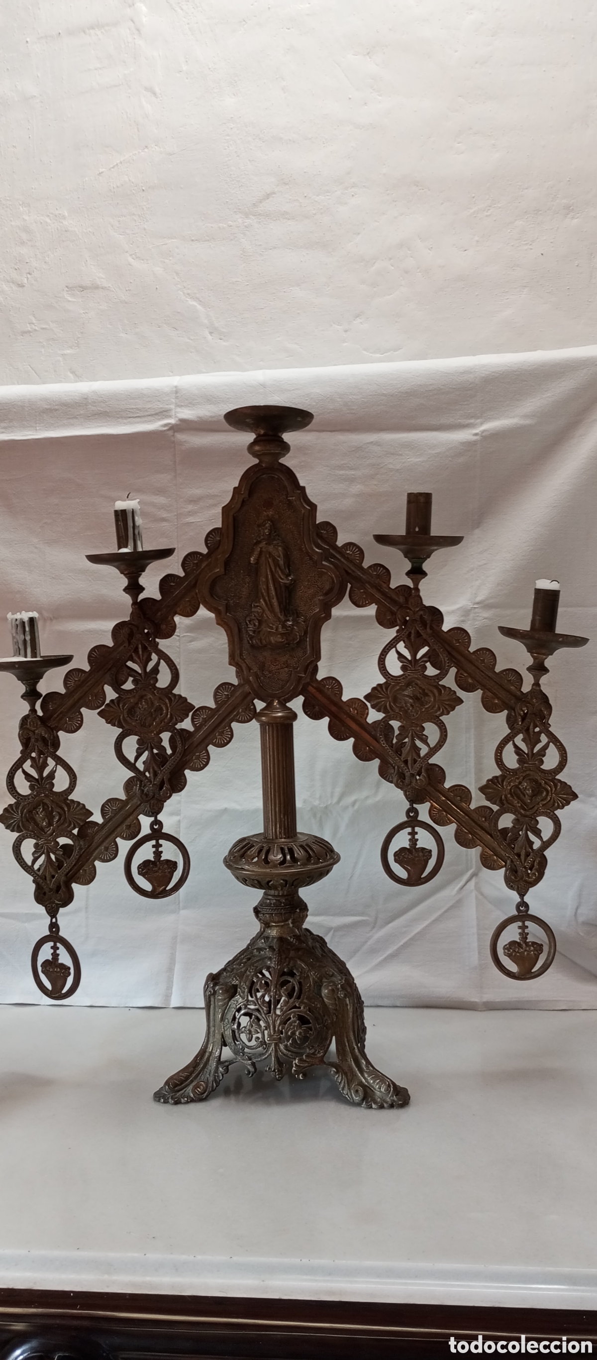 Antig&uuml;edades: Candelabro Lit&uacute;rgico Bronce S. XIX - Inmaculada Concepci&oacute;n y Sagrado Coraz&oacute;n