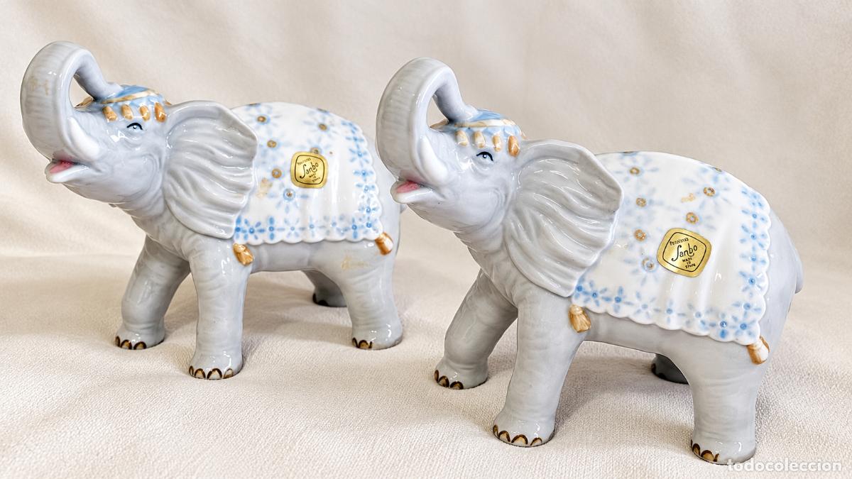 Antig&uuml;edades: Pareja elefantes porcelana SANBO Espa&ntilde;a vintage a&ntilde;os 80 &ndash; Nuevos con etiqueta