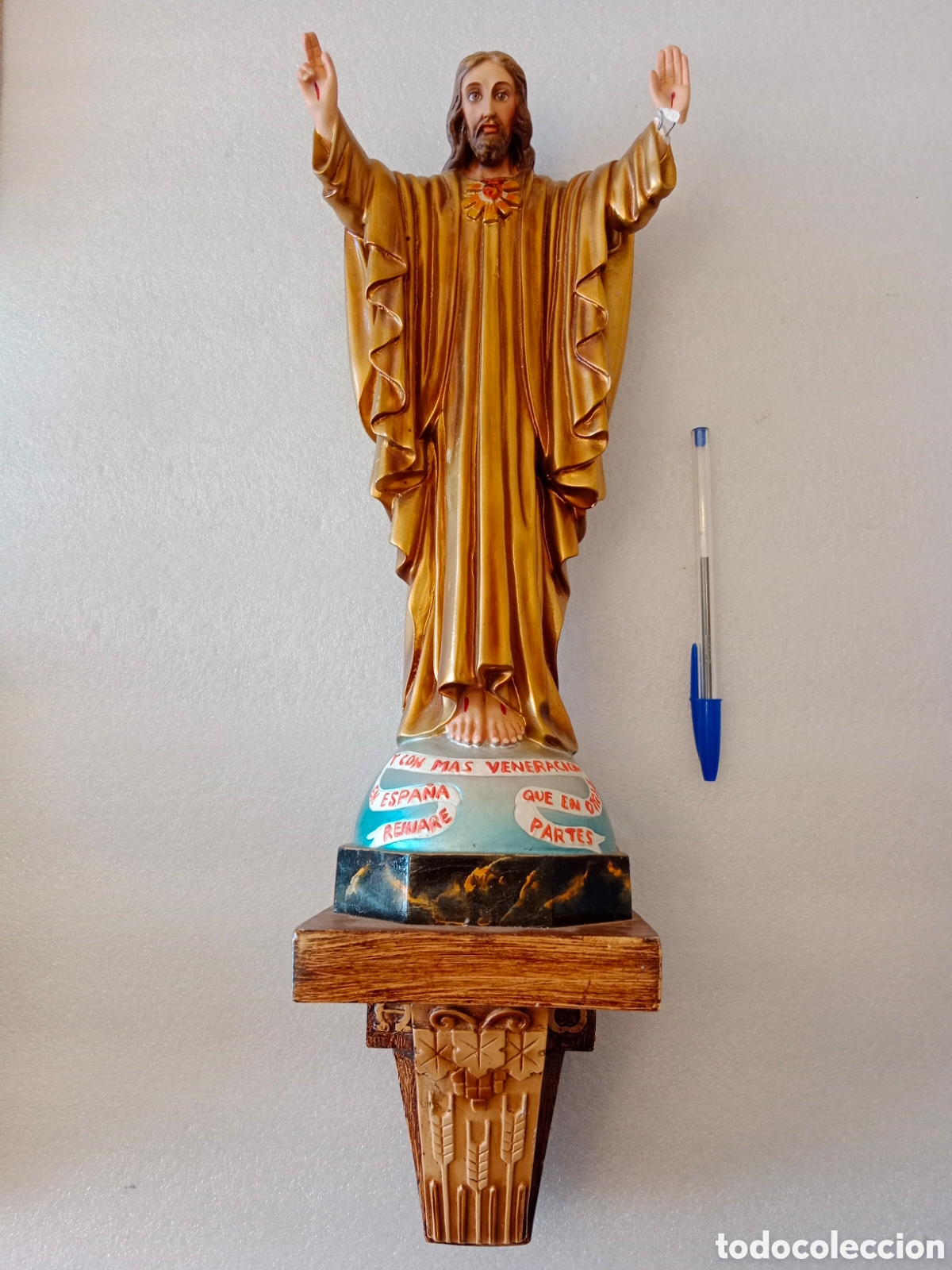Antig&uuml;edades: Sagrado coraz&oacute;n reinare en Espa&ntilde;a con peana Cristo arte religioso