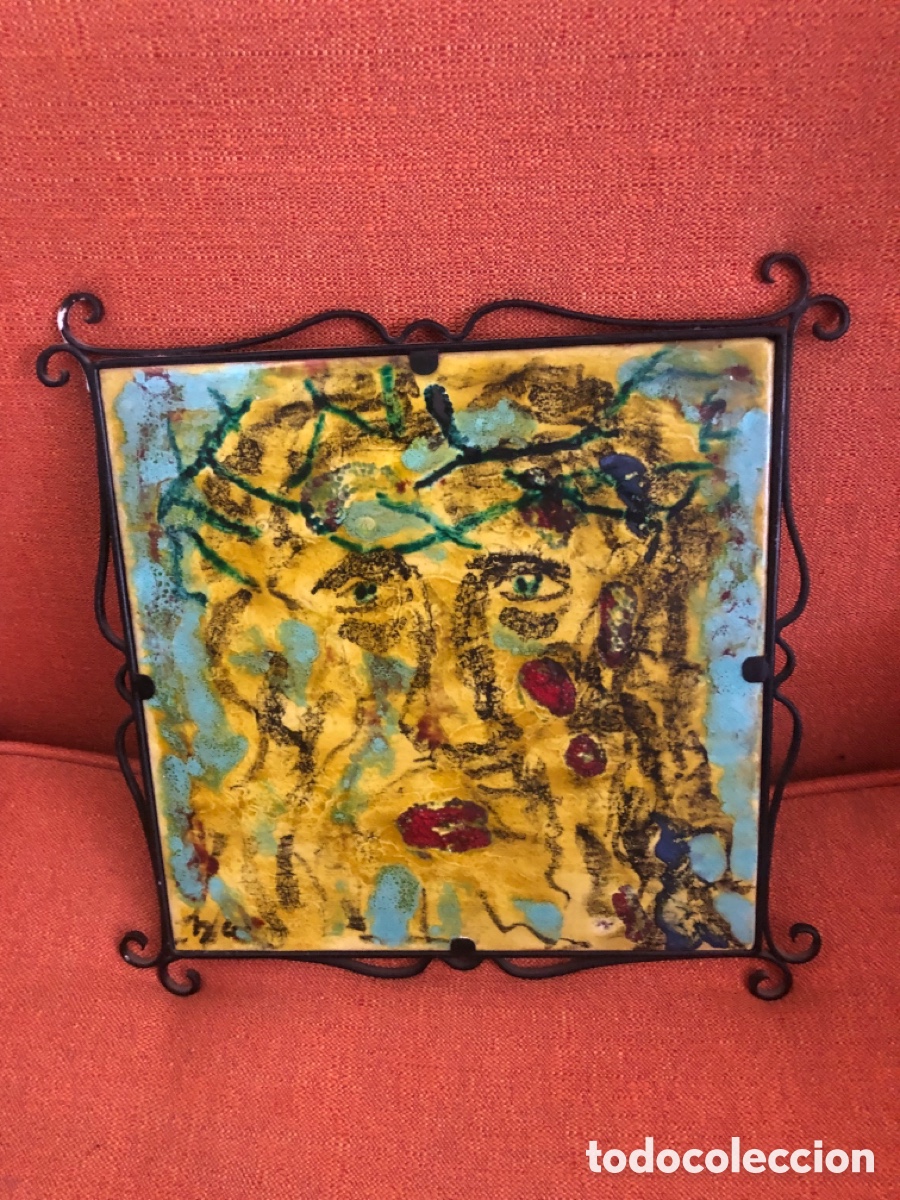 Antiquit&auml;ten: PLACA CERAMICA EXPRESIONISTA ROSTRO DE JESUS CORONADO DE ESPINAS FIRMADO