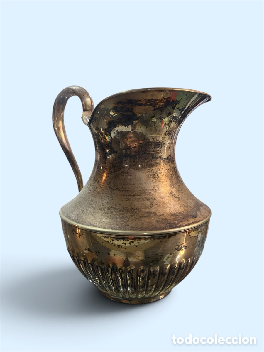 Antig&uuml;edades: Antigua Jarra de Alpaca con Relieves - Sello y Contramarca AM 26 - Vintage / Colecci&oacute;n