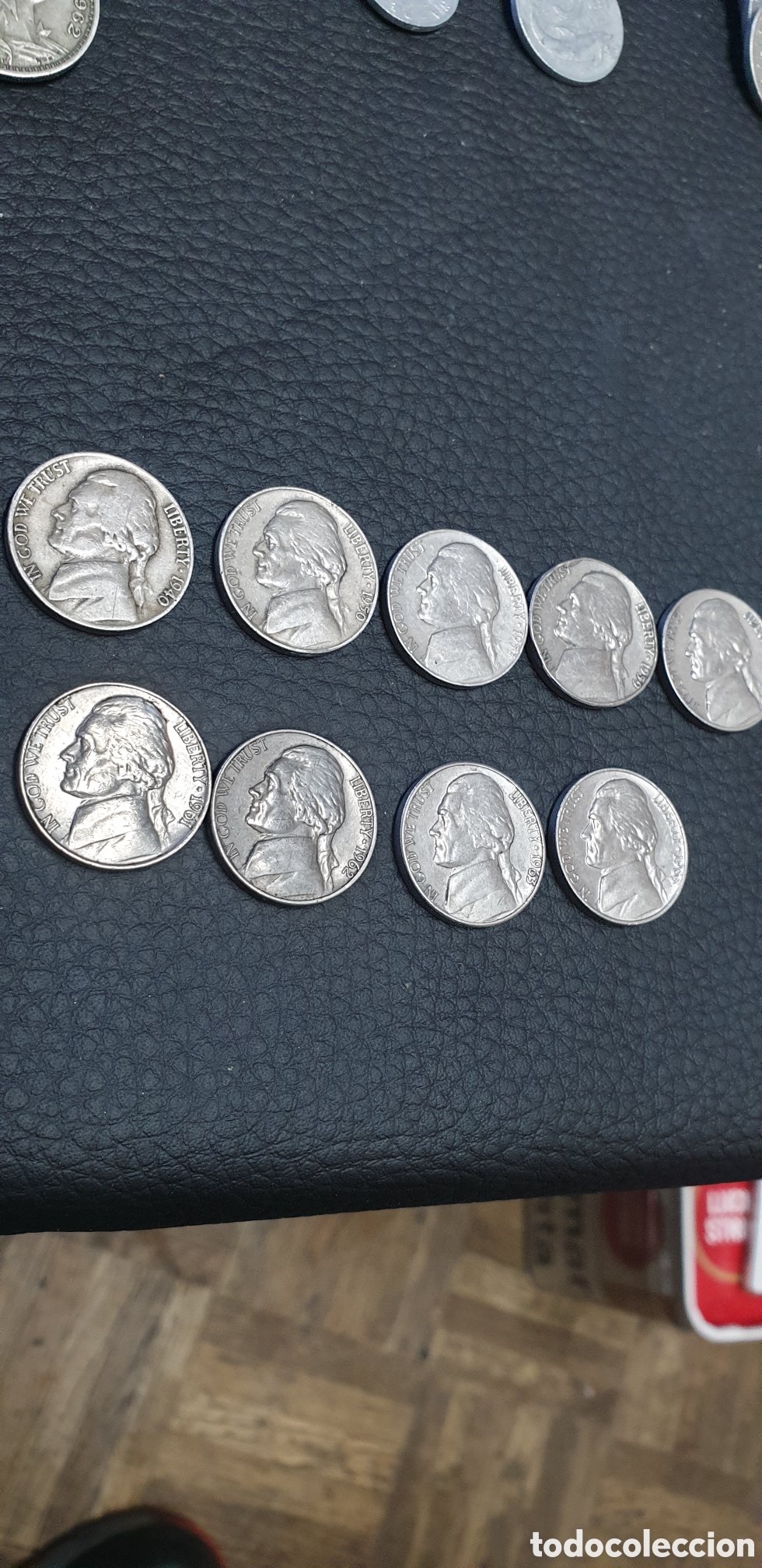 Antig&uuml;edades: Lote 9 monedas Jefferson Nickel de 5 c&eacute;ntimos de d&oacute;lar de los Estados Unidos, acu&ntilde;ado en el a&ntilde;o 1940