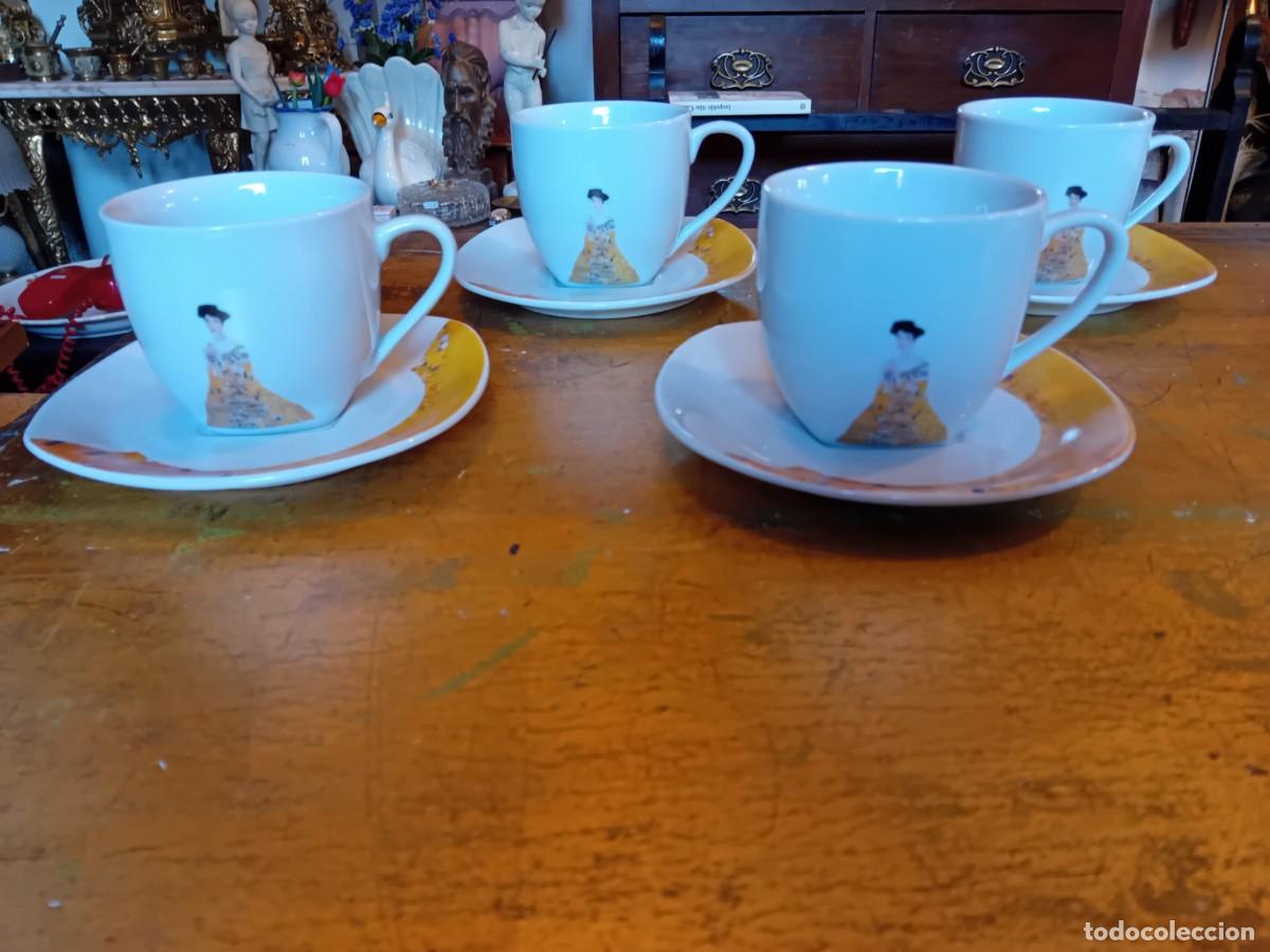 Antig&uuml;edades: 4 tazas con sus platos decorados con imagen de la pintura de Gustav klimt