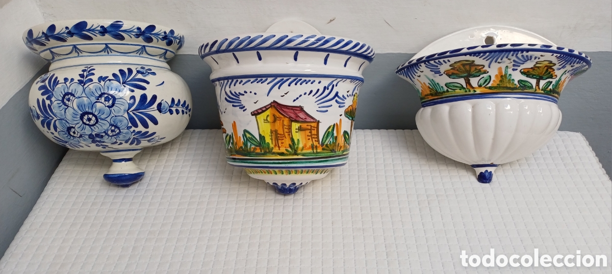 Antig&uuml;edades: Lote de 3 maceteros. Cer&aacute;mica esmaltada - Foto 1
