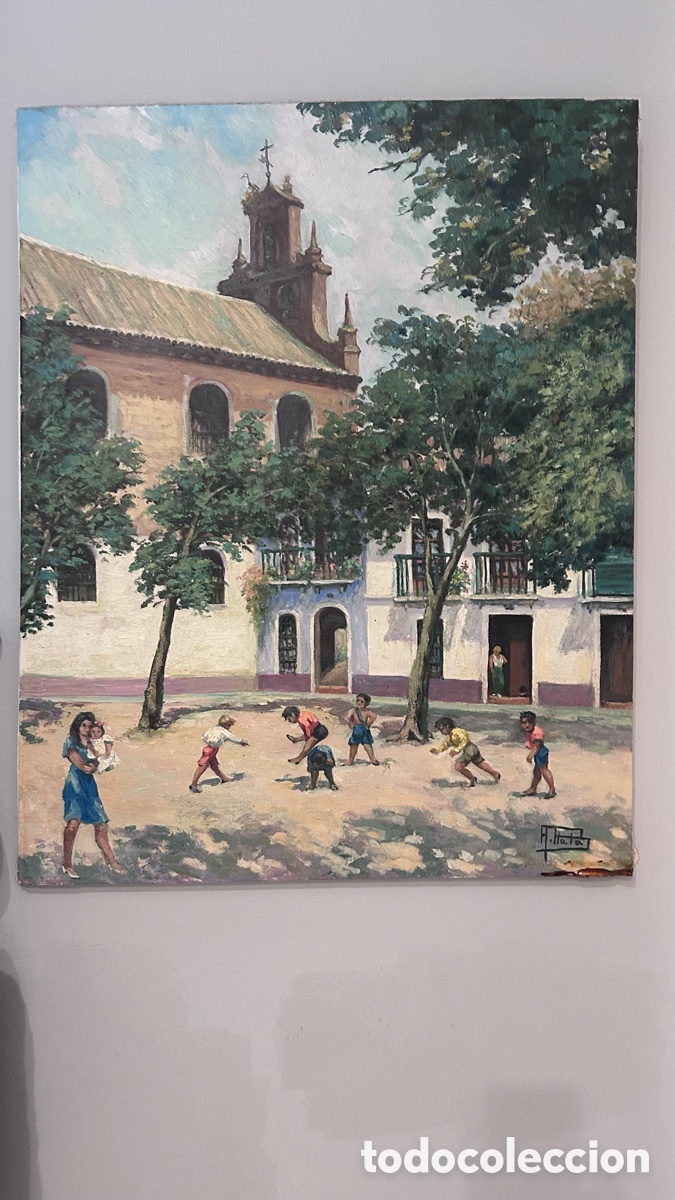 Antig&uuml;edades: &Oacute;leo sobre lienzo Antonio plata olmedo pintura costumbrista sevillana