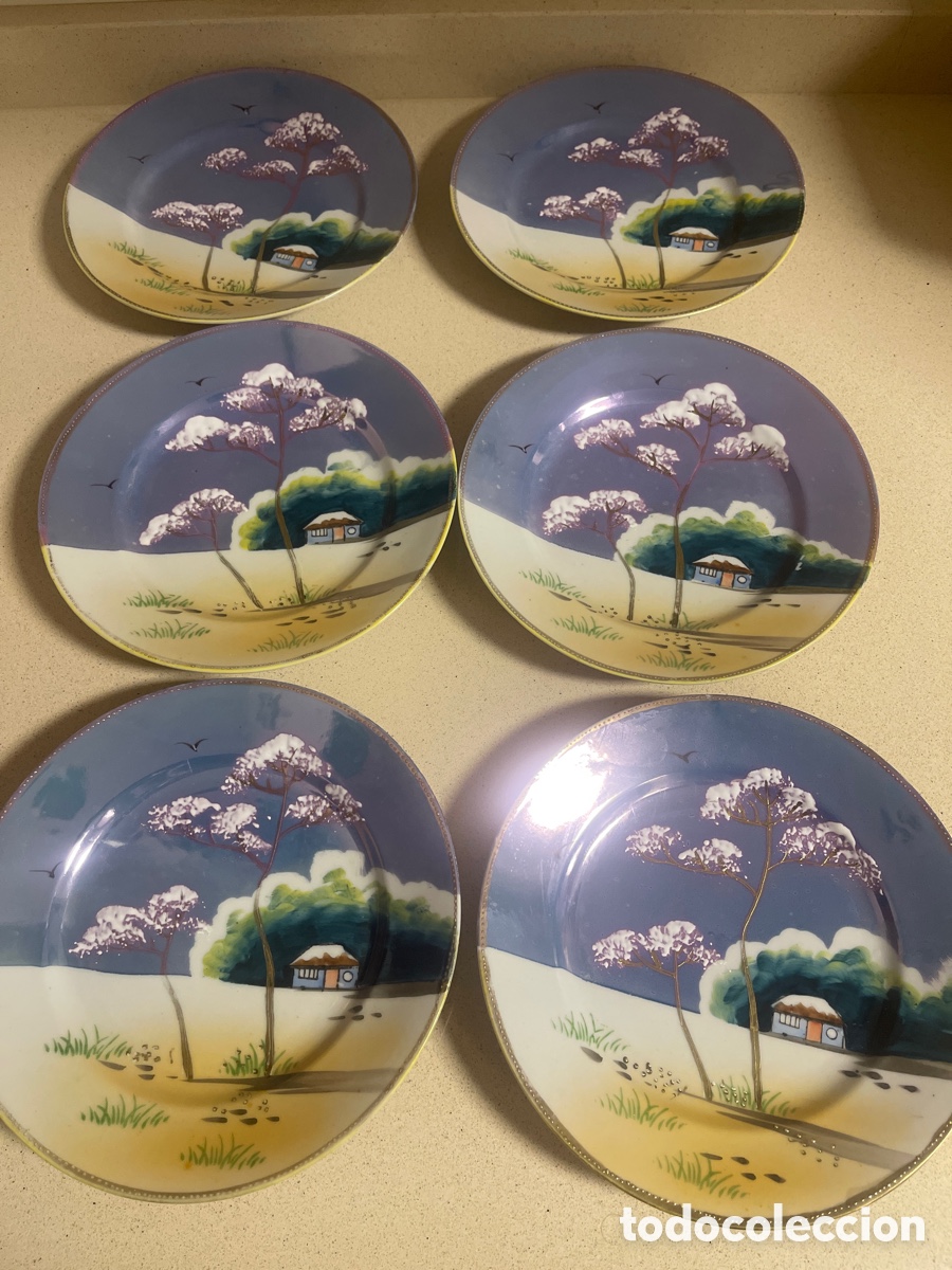 Antig&uuml;edades: Pareja de Platos de Porcelana Lusterware Japonesa, A&ntilde;os 1920-1930, Paisaje Esc&eacute;nico Pintado a Mano