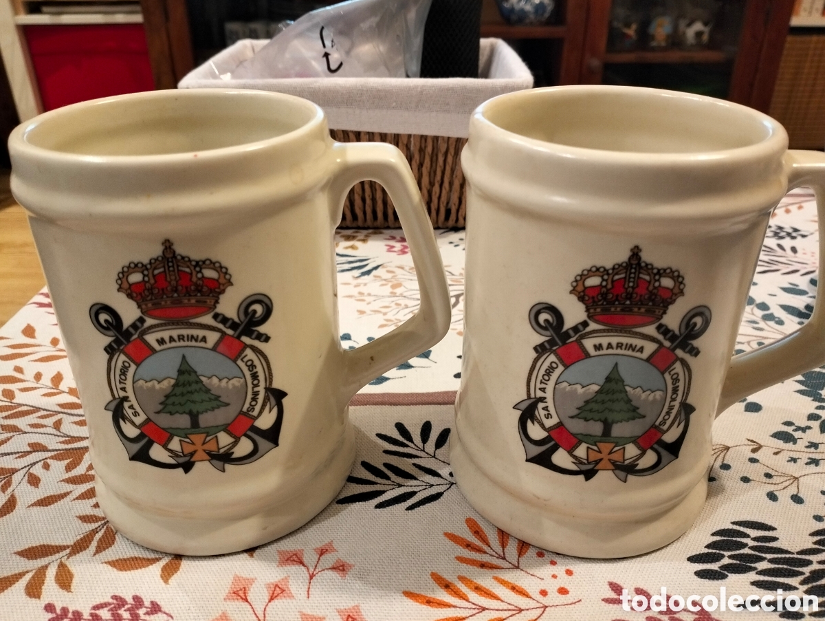 Antig&uuml;edades: 2 jarras de cerveza / cer&aacute;mica de colecci&oacute;n del Sanatorio de la Marina (Los Molinos, Madrid