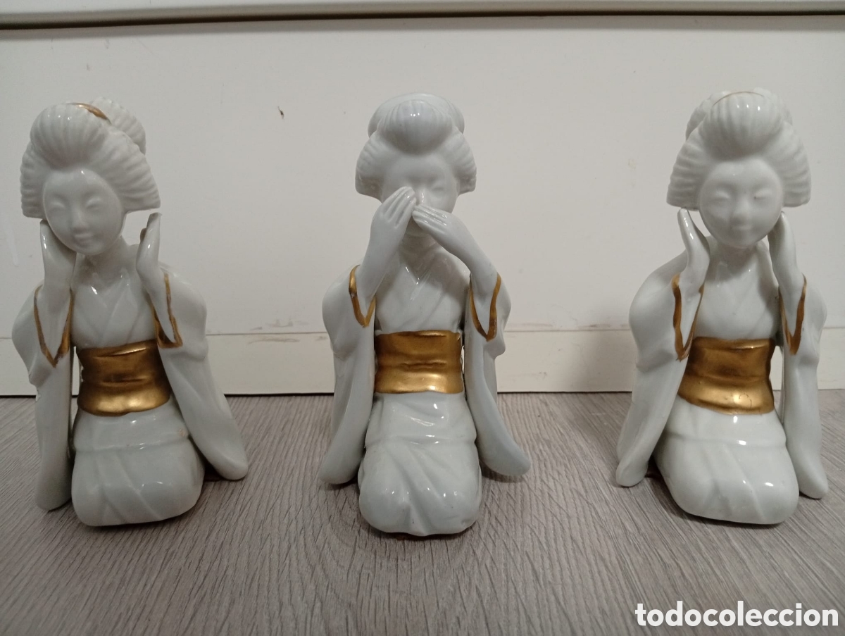 Antig&uuml;edades: Set de 3 figuras geishas de porcelana