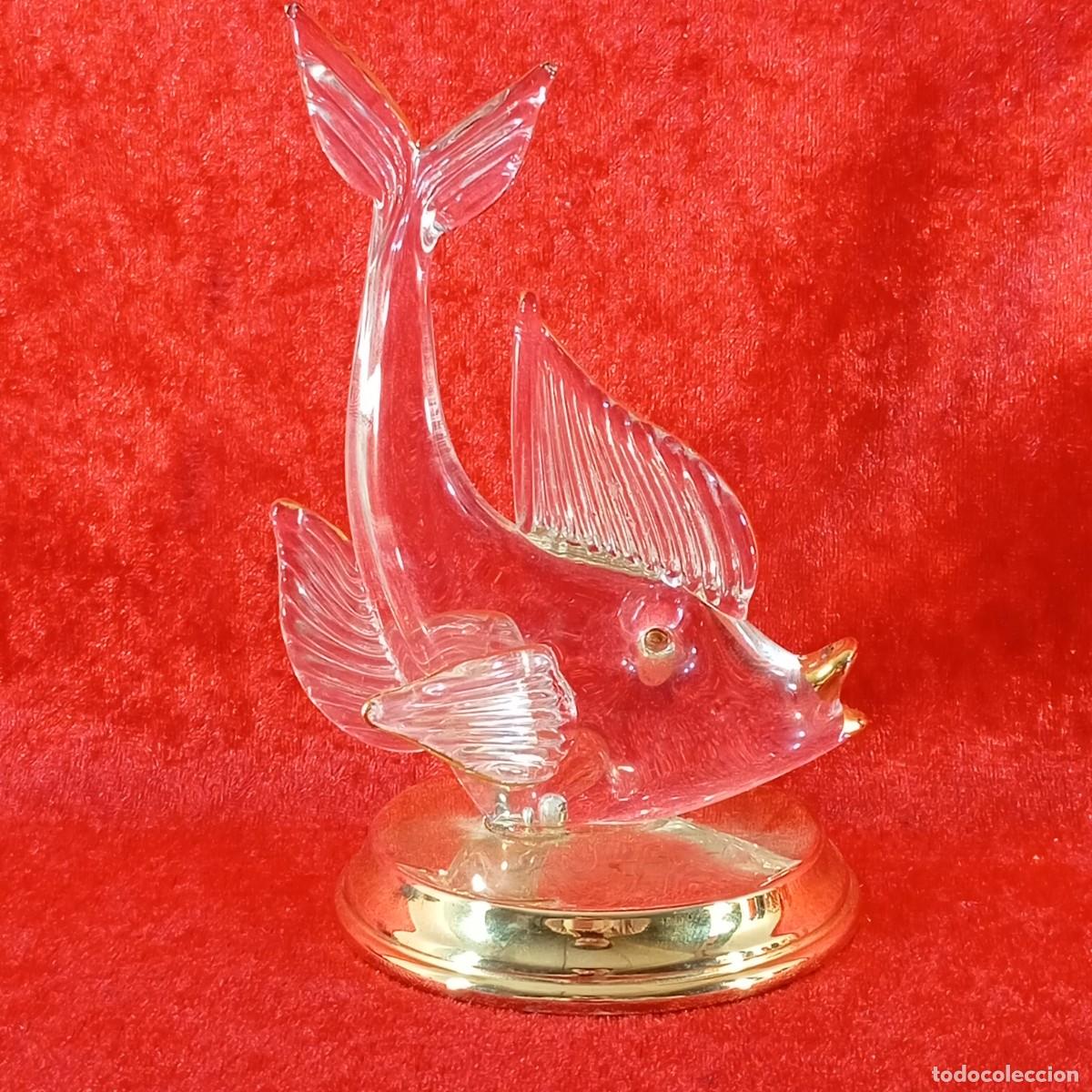 Antig&uuml;edades: FIGURA VINTAGE DE VIDRIO - BASE METALICA - TECNICA SOPLADO A MANO - FORMA DE PEZ - 14 CM DE ALTO