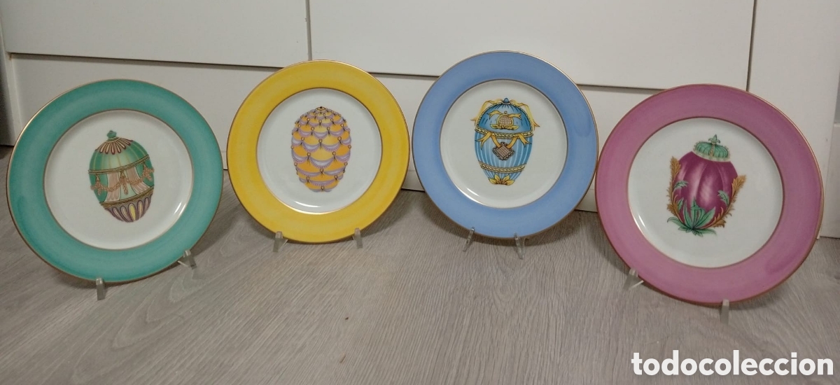 Antig&uuml;edades: Juego 4 platos porcelana vintage &Eacute;mail de Limoges (Francia)