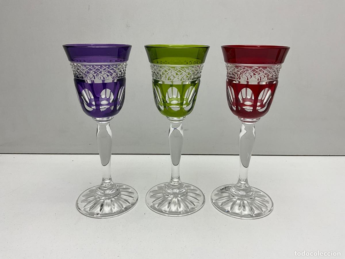 Antig&uuml;edades: LOTE 3 COPAS CRISTAL TALLADO TALLADO A MANO - DIFERENTES COLORES - MARCA ITALIANA FADE
