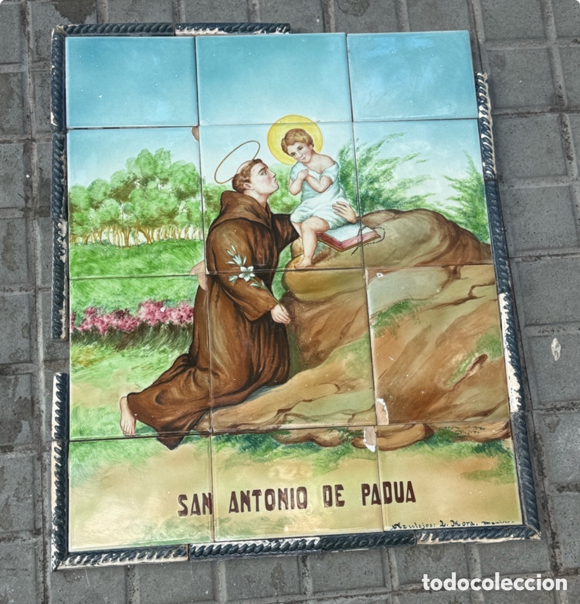 Antig&uuml;edades: Gran retablo cer&aacute;mico de Manises &ndash; San Antonio de Padua. 12 azulejos pintados a mano principios SXX
