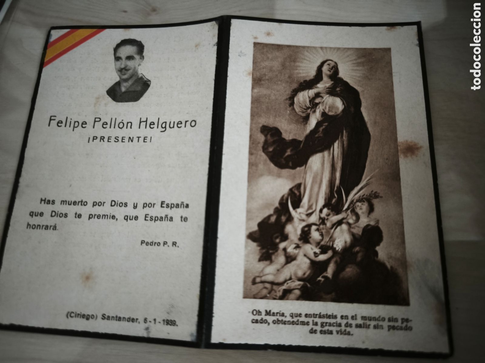 Oggetti Antichi: Recordatorio falangista muerto el 24 del 12 del 38 en sector de Tremp