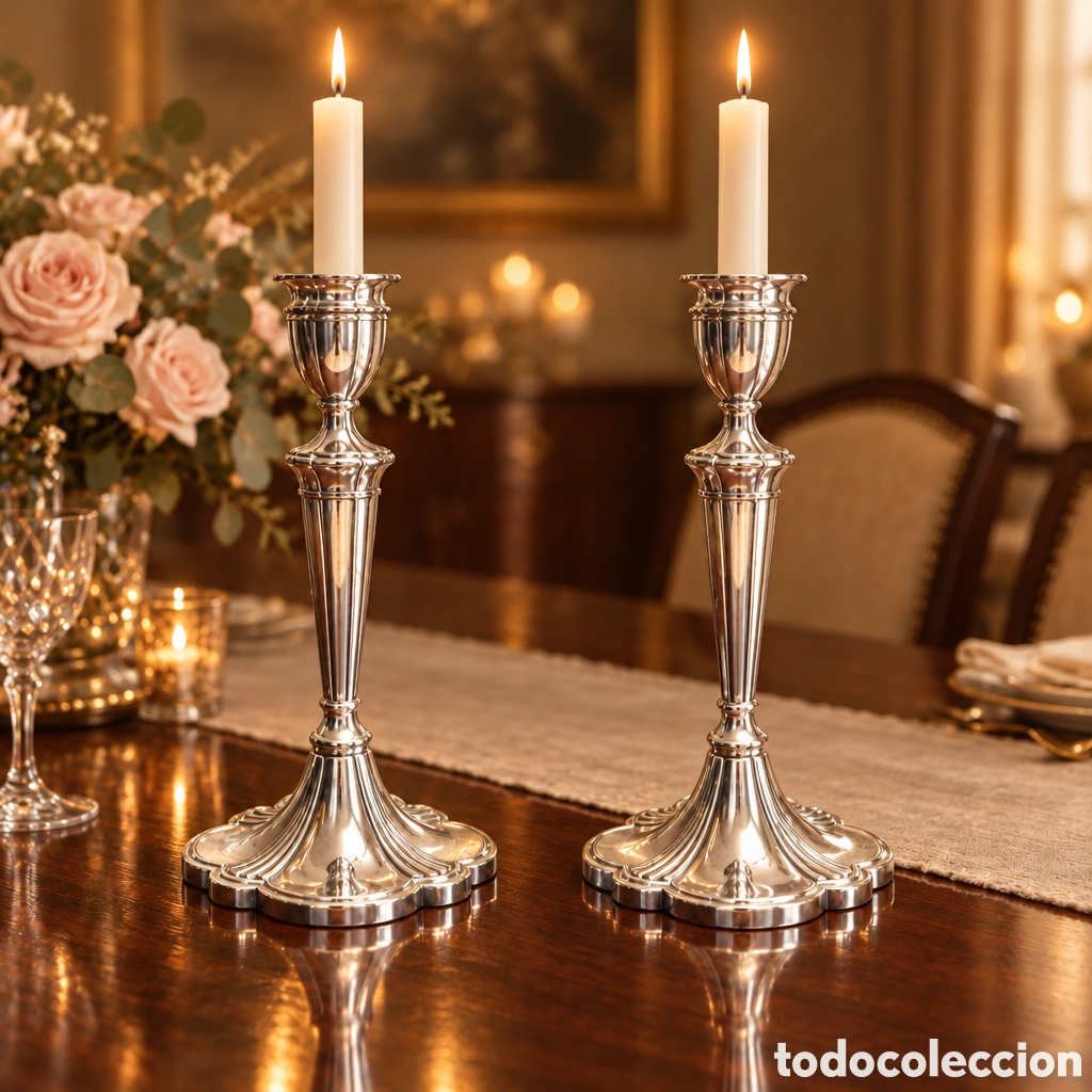 Antig&uuml;edades: ANTIGUA PAREJA DE CANDELABROS ELABORADOS RN METAL PLATEADO ALPACA BA&Ntilde;O DE PLATA 30CM ALTO