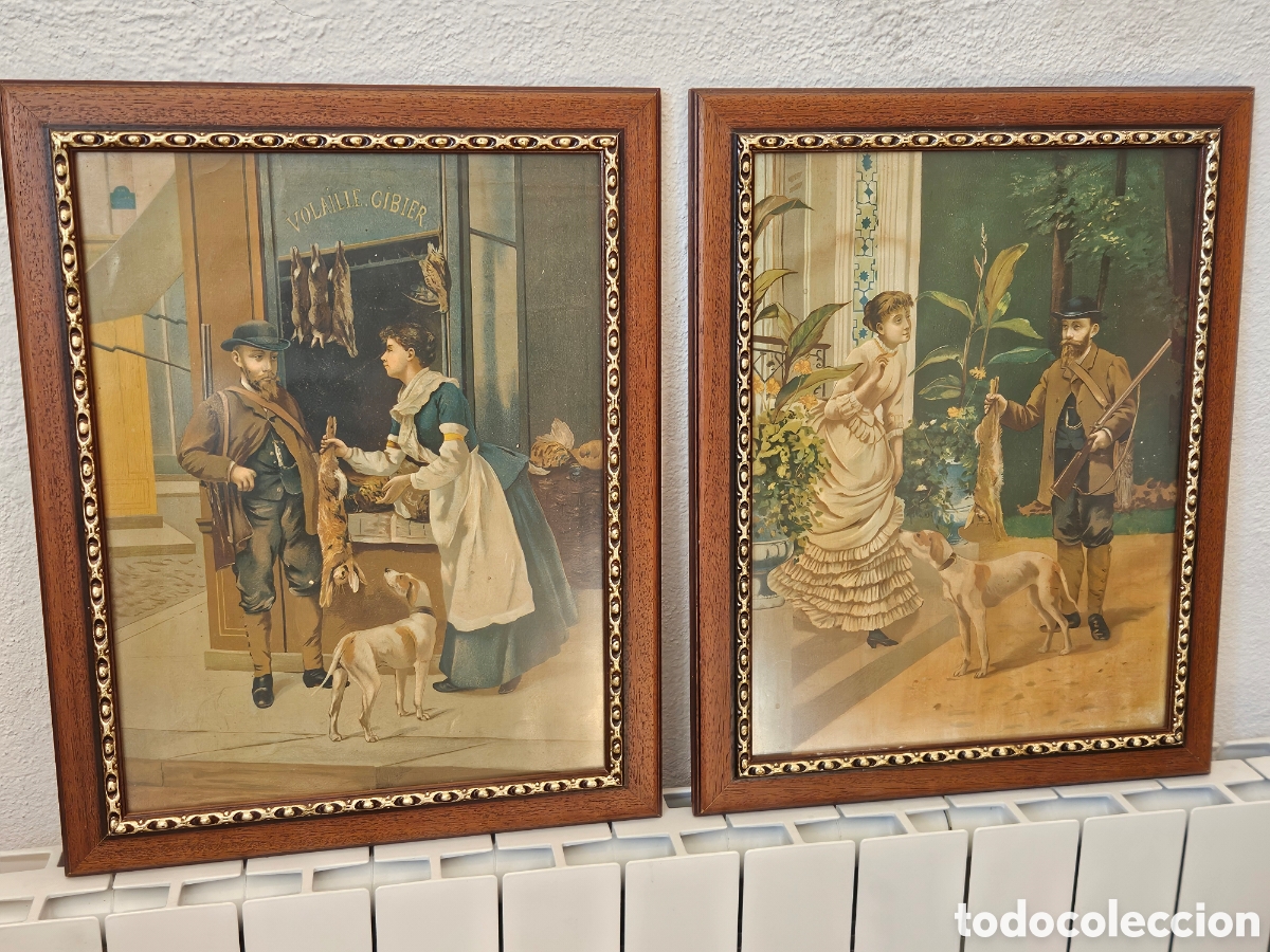 Antig&uuml;edades: Pareja de Cuadros con L&aacute;minas Antiguas (Principios del Siglo XX) &ndash; Escenas Costumbristas / Caza y Co