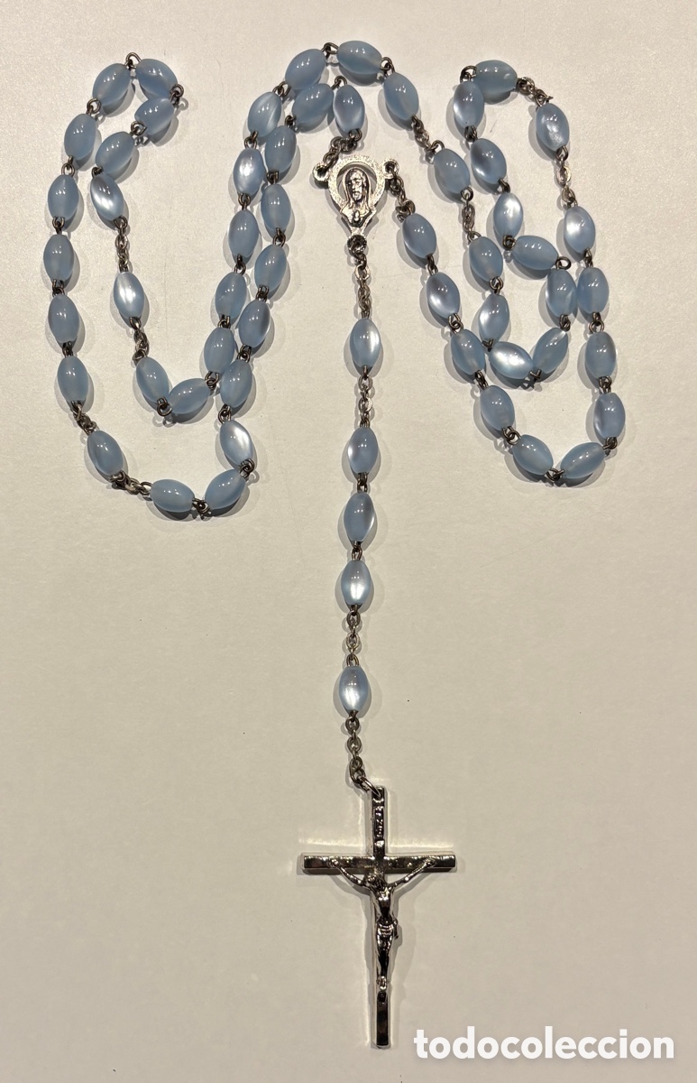 Antiguidades: Rs003-Rosario de F&aacute;tima antiguo en vidrio ojo de gato azul celeste - 52 cm