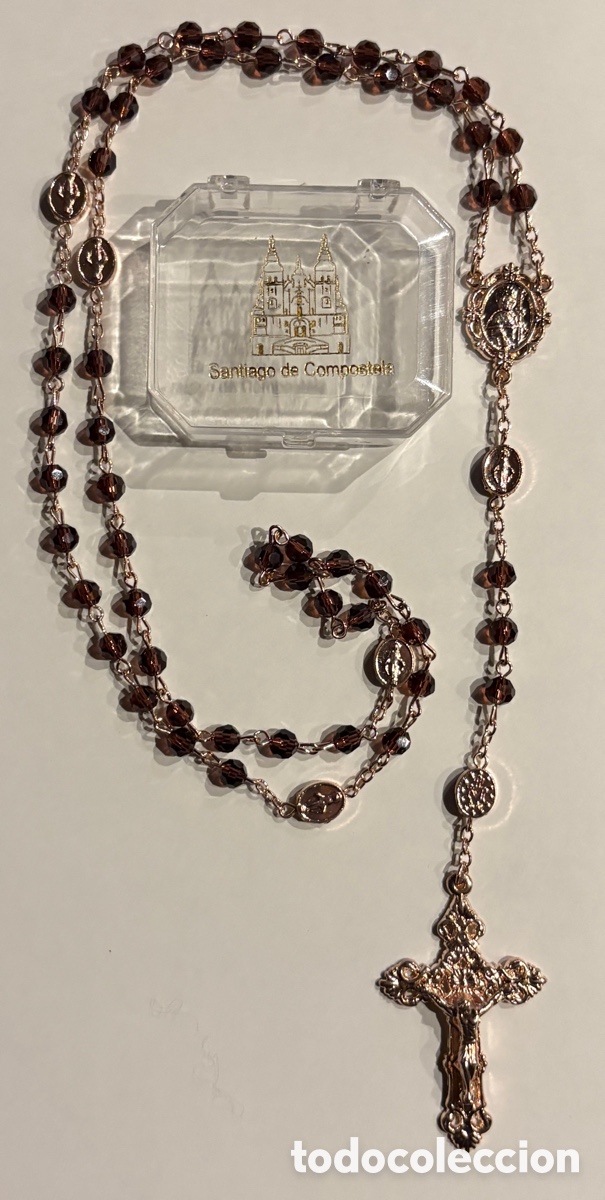 Antig&uuml;edades: Rs004-Rosario Vintage Santiago de Compostela - Cristal Facetado Morado y Metal Rosado