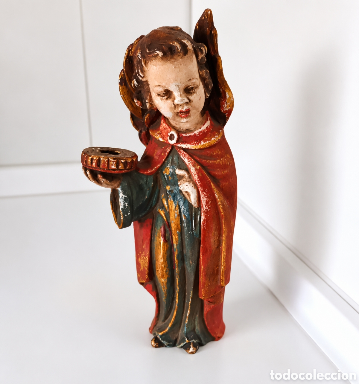 Antig&uuml;edades: Antiguo &Aacute;ngel Candelabro ACHATIT - Hecho a Mano Alemania - Figura Religiosa Policromada