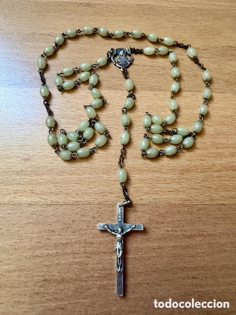 Antig&uuml;edades: Rs005-Rosario Virgen de F&aacute;tima - Cuentas de Opalina Fluorescente - Ca 1950-60