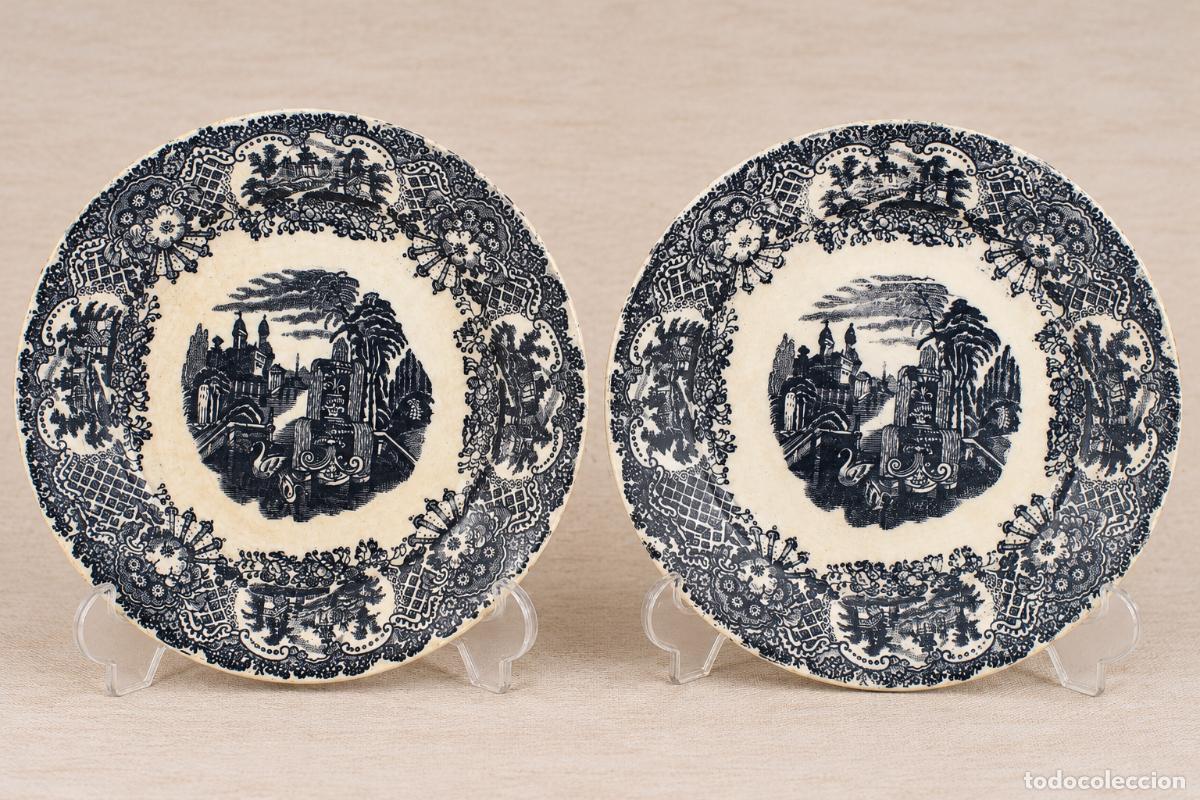 Antig&uuml;edades: 2 Platos Antiguos La Cartuja Sevilla Pickman Loza transferware chinoiserie s.XIX - 23cm
