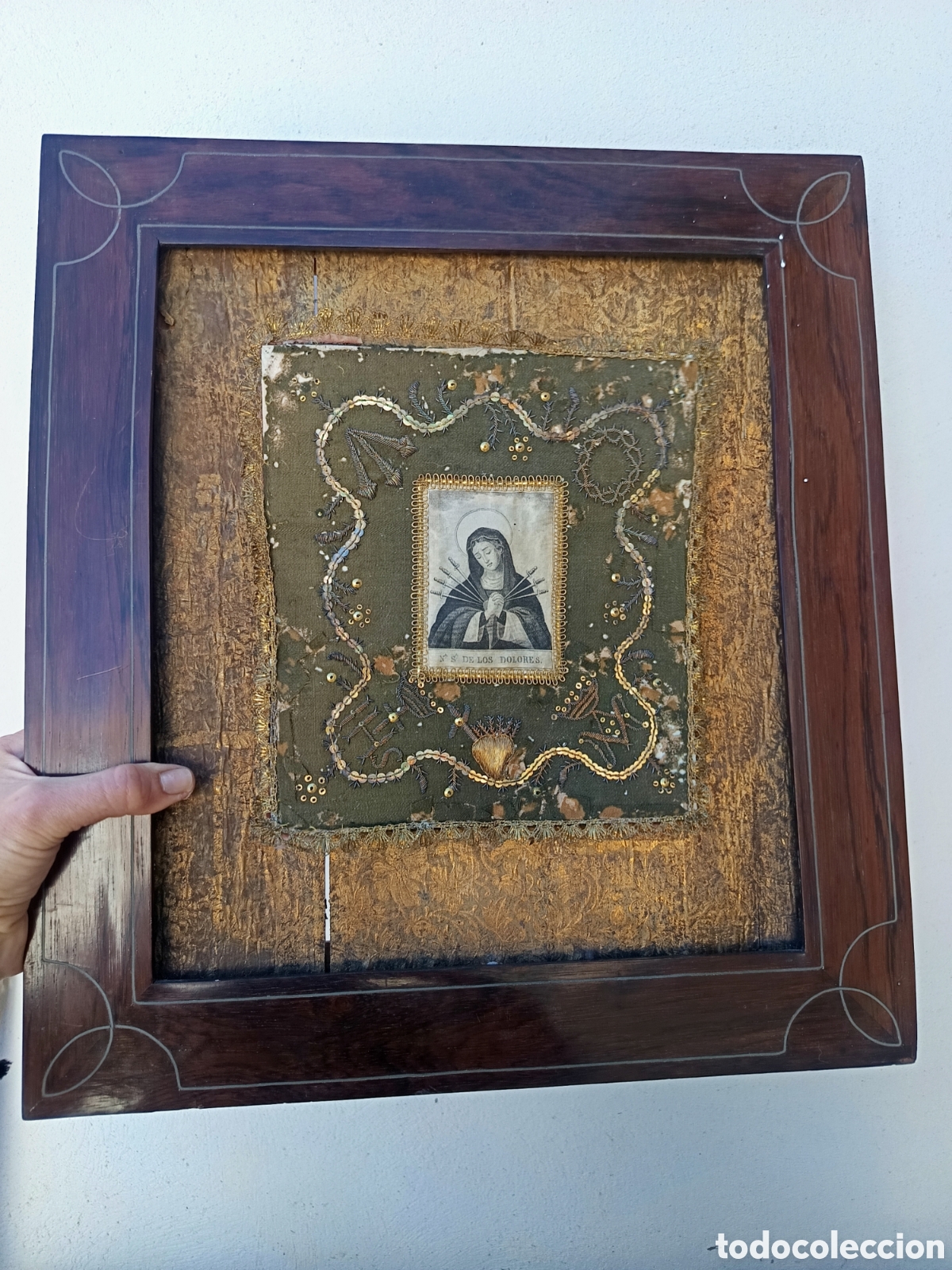 Oggetti Antichi: Antiguo cuadro Virgen Mar&iacute;a de los Dolores con pu&ntilde;ales, trabajo monja, 1865, Filipinas