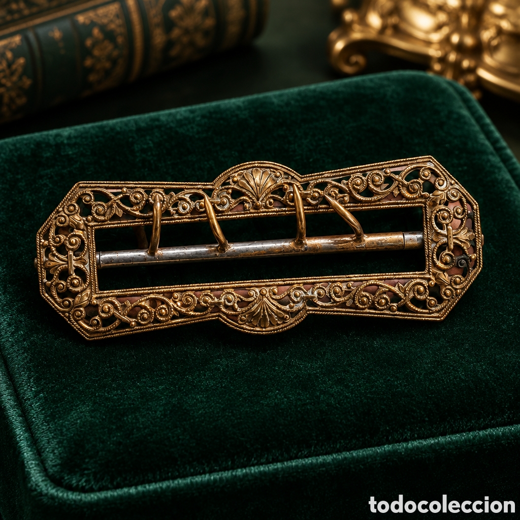 Antig&uuml;edades: Hebilla antigua de metal dorado con un elaborado dise&ntilde;o de filigrana y motivos ornamentales art d&eacute;