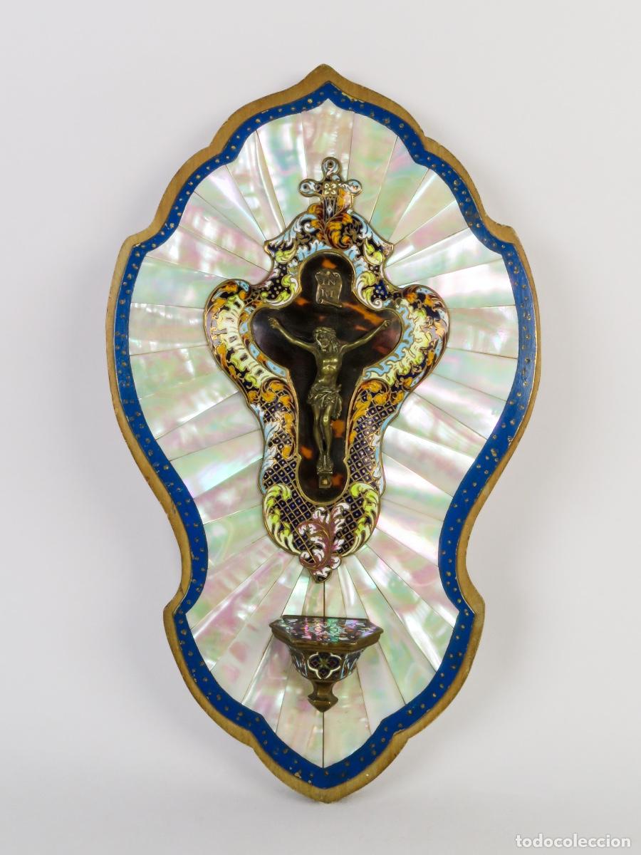 Antig&uuml;edades: Benditera devocional de cristo bronce esmalte cloisonne y nacar finale siglo XIX