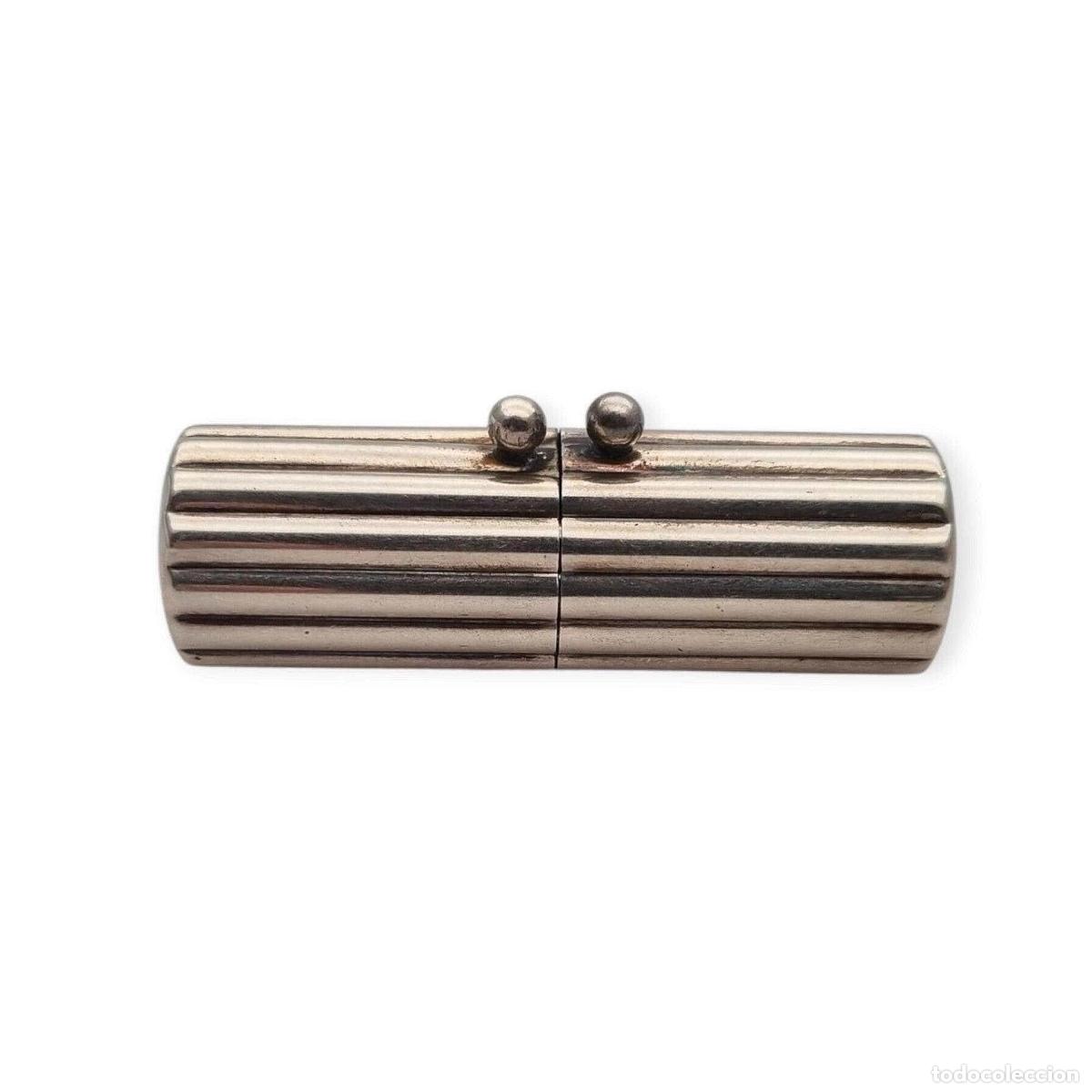 Antig&uuml;edades: Estuche caja cil&iacute;ndrico vintage de dise&ntilde;o en plata 925 acanalada, Mil&aacute;n, ca. 1940&ndash;1960