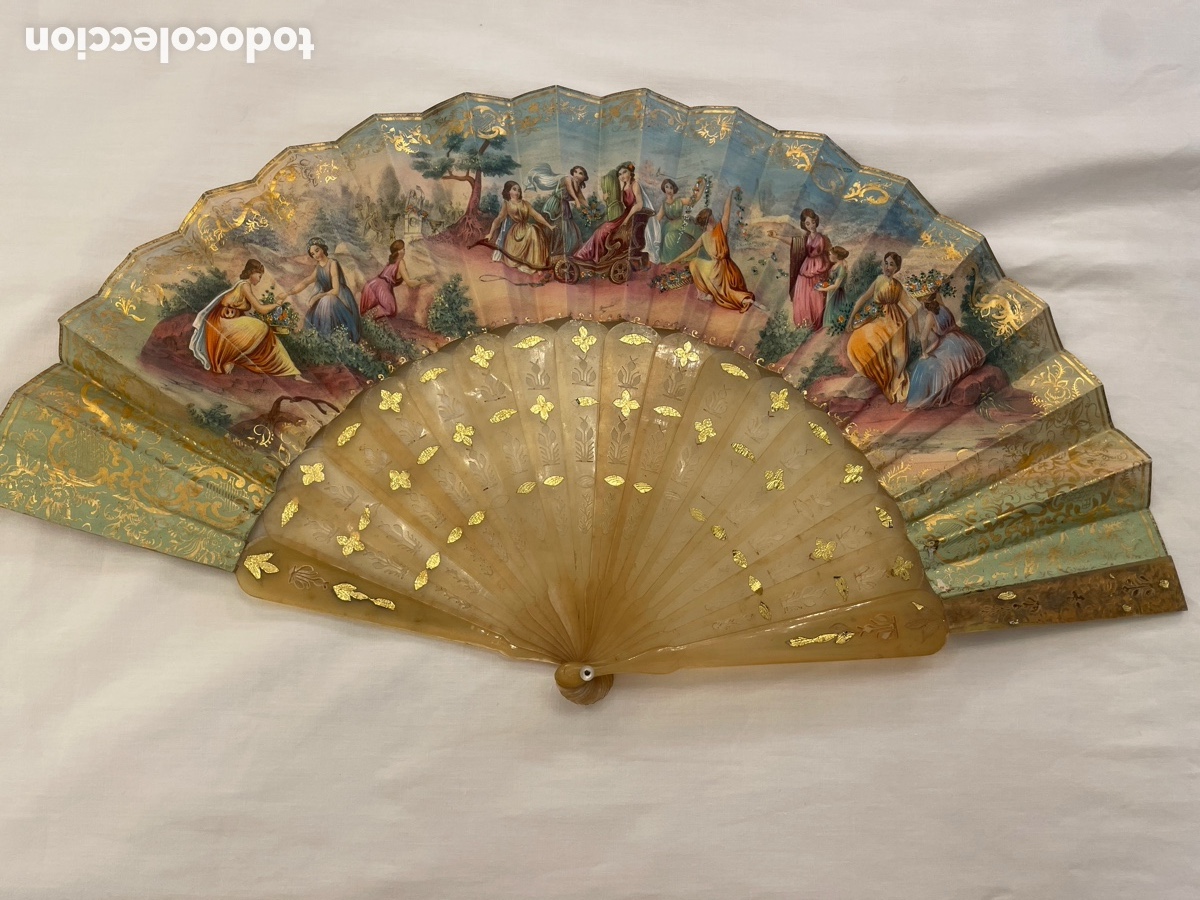 Antig&uuml;edades: Abanico de papel y asta de ballena siglo XIX