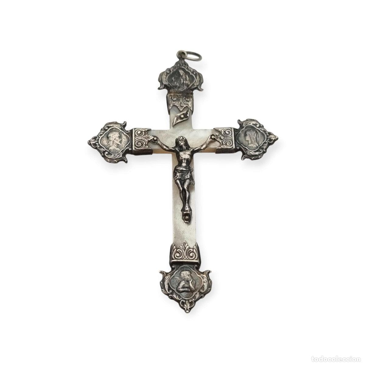 Antiquit&auml;ten: Crucifijo antiguo de plata y n&aacute;car con medallones religiosos, Belle &Eacute;poque, circa 1900