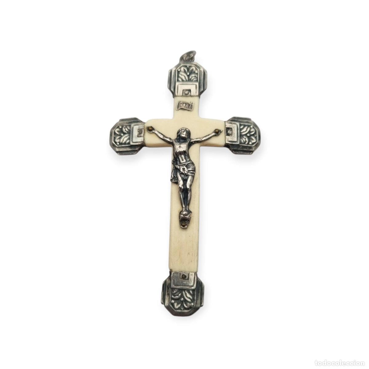 Antig&uuml;edades: Cruz antigua art d&eacute;co de plata y hueso con Cristo crucificado, Europa, ca. 1920&ndash;1940