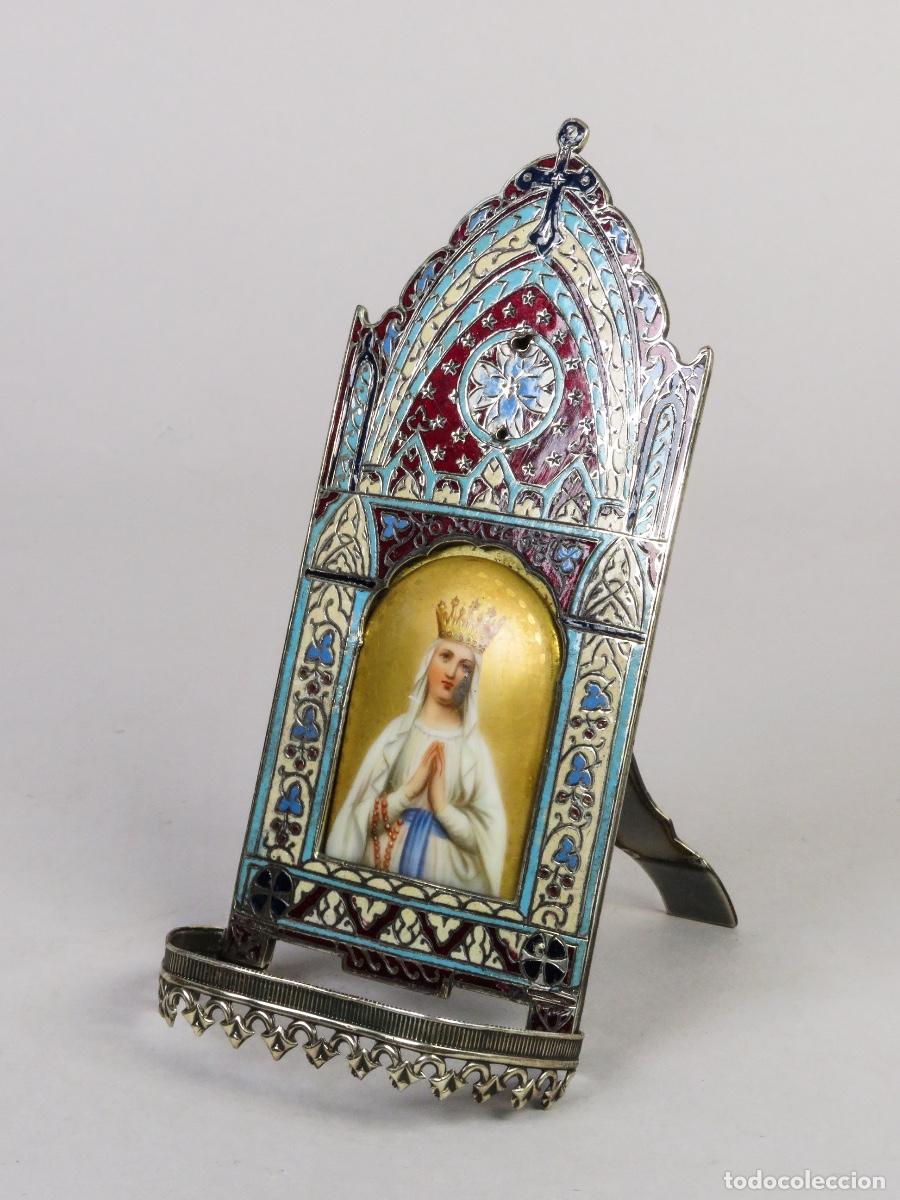 Antig&uuml;edades: Relicario portarretratos Virgen de Lourdes neog&oacute;tico finales siglo XIX
