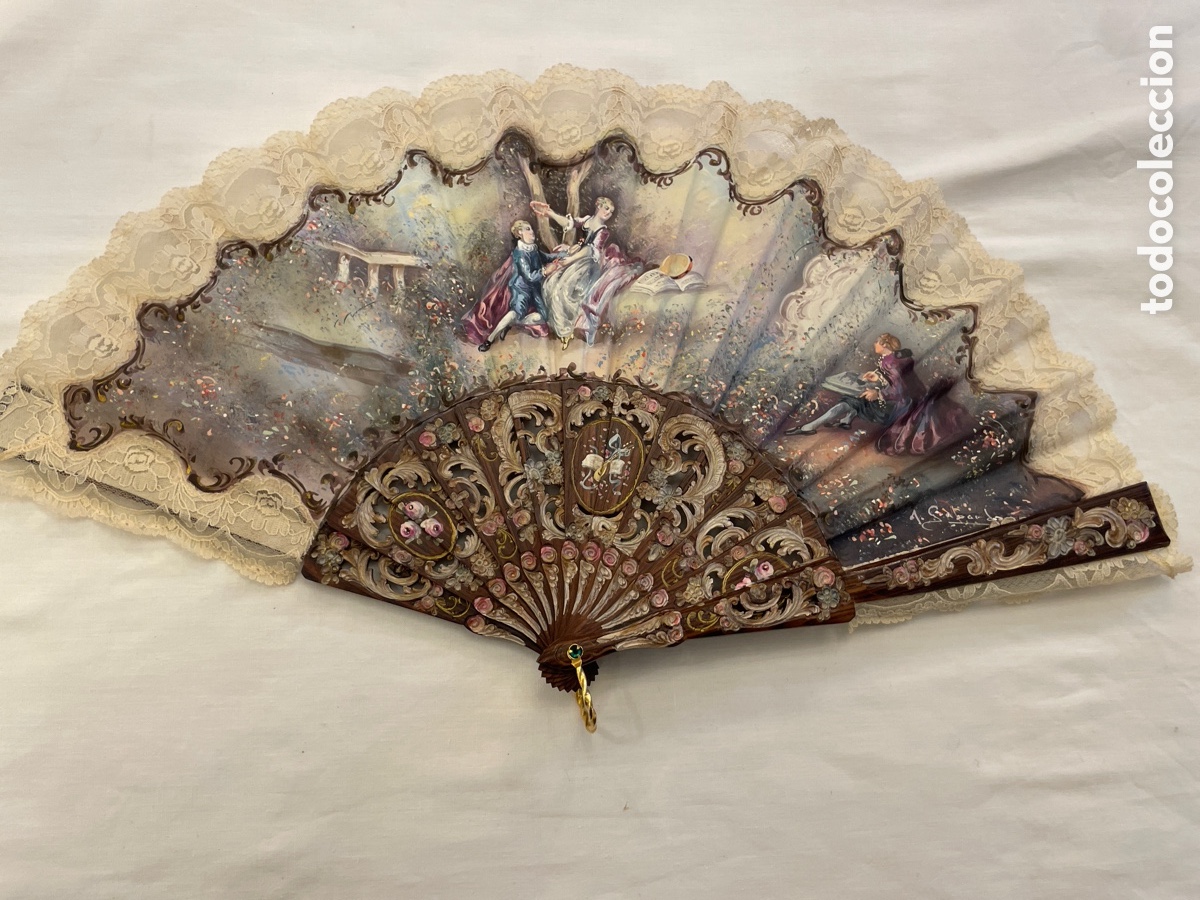 Antig&uuml;edades: Abanico de madera pintado a mano siglo XX